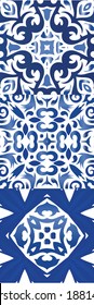 Portuguese vintage azulejo tiles. Collection of vector seamless patterns. Hand drawn design. Blue antique backgrounds for pillows, print, wallpaper, web backdrop, towels, surface texture.