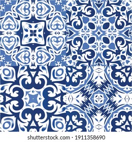 Portuguese vintage azulejo tiles. Collection of vector seamless patterns. Geometric design. Blue antique backgrounds for pillows, print, wallpaper, web backdrop, towels, surface texture.