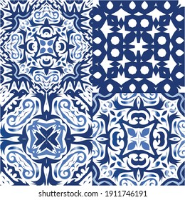 Portuguese vintage azulejo tiles. Collection of vector seamless patterns. Geometric design. Blue antique backgrounds for pillows, print, wallpaper, web backdrop, towels, surface texture.
