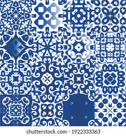 Portuguese vintage azulejo tiles. Collection of vector seamless patterns. Original design. Blue antique backgrounds for pillows, print, wallpaper, web backdrop, towels, surface texture.