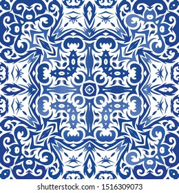 Portuguese vintage azulejo tiles. Colored design. Vector seamless pattern flyer. Blue antique background for pillows, print, wallpaper, web backdrop, towels, surface texture.