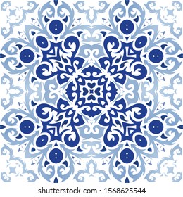 Portuguese vintage azulejo tiles. Colored design. Vector seamless pattern template. Blue antique background for pillows, print, wallpaper, web backdrop, towels, surface texture.