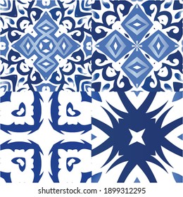 Portuguese vintage azulejo tiles. Colored design. Set of vector seamless patterns. Blue antique backgrounds for pillows, print, wallpaper, web backdrop, towels, surface texture.