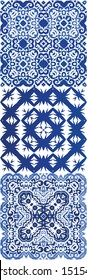 Portuguese vintage azulejo tiles. Creative design. Set of vector seamless patterns. Blue antique backgrounds for pillows, print, wallpaper, web backdrop, towels, surface texture.