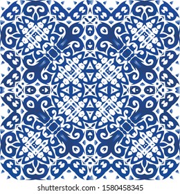 Portuguese vintage azulejo tiles. Creative design. Vector seamless pattern template. Blue antique background for pillows, print, wallpaper, web backdrop, towels, surface texture.