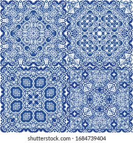 Portuguese vintage azulejo tiles. Creative design. Vector seamless pattern watercolor. antique background for pillows, print, wallpaper, web backdrop, towels, surface texture.
