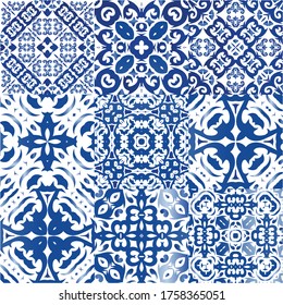 Portuguese vintage azulejo tiles. Creative design. Set of vector seamless patterns. Blue antique backgrounds for pillows, print, wallpaper, web backdrop, towels, surface texture.