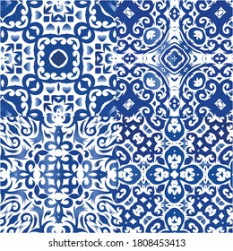 Portuguese vintage azulejo tiles. Creative design. Set of vector seamless patterns. Blue antique backgrounds for pillows, print, wallpaper, web backdrop, towels, surface texture.