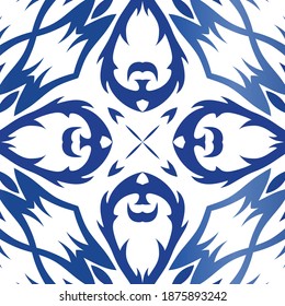 Portuguese vintage azulejo tiles. Creative design. Vector seamless pattern theme. Blue antique background for pillows, print, wallpaper, web backdrop, towels, surface texture.