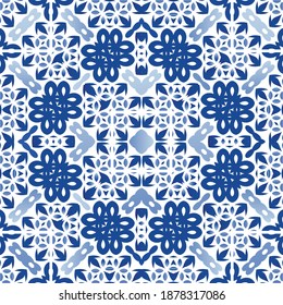 Portuguese vintage azulejo tiles. Creative design. Vector seamless pattern frame. Blue antique background for pillows, print, wallpaper, web backdrop, towels, surface texture.