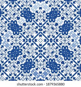 Portuguese vintage azulejo tiles. Creative design. Vector seamless pattern frame. Blue antique background for pillows, print, wallpaper, web backdrop, towels, surface texture.