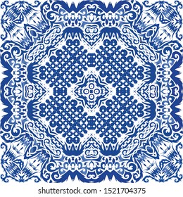 Portuguese vintage azulejo tiles. Fashionable design. Vector seamless pattern concept. Blue antique background for pillows, print, wallpaper, web backdrop, towels, surface texture.