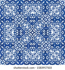 Portuguese vintage azulejo tiles. Fashionable design. Vector seamless pattern trellis. Blue antique background for pillows, print, wallpaper, web backdrop, towels, surface texture.