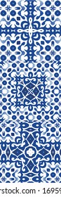 Portuguese vintage azulejo tiles. Fashionable design. Set of vector seamless patterns. Blue antique backgrounds for pillows, print, wallpaper, web backdrop, towels, surface texture.
