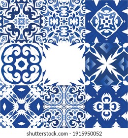 Portuguese vintage azulejo tiles. Fashionable design. Kit of vector seamless patterns. Blue antique backgrounds for pillows, print, wallpaper, web backdrop, towels, surface texture.