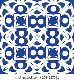 Portuguese vintage azulejo tiles. Fashionable design. Vector seamless pattern elements. Blue antique background for pillows, print, wallpaper, web backdrop, towels, surface texture.
