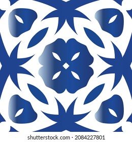 Portuguese vintage azulejo tiles. Fashionable design. Vector seamless pattern elements. Blue antique background for pillows, print, wallpaper, web backdrop, towels, surface texture.