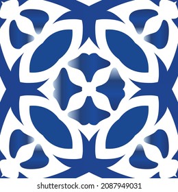 Portuguese vintage azulejo tiles. Fashionable design. Vector seamless pattern elements. Blue antique background for pillows, print, wallpaper, web backdrop, towels, surface texture.