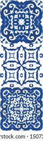 Portuguese vintage azulejo tiles. Geometric design. Set of vector seamless patterns. Blue antique backgrounds for pillows, print, wallpaper, web backdrop, towels, surface texture.