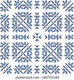 Portuguese vintage azulejo tiles. Geometric design. Vector seamless pattern texture. Blue antique background for pillows, print, wallpaper, web backdrop, towels, surface texture.