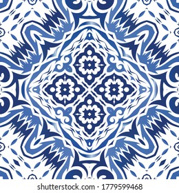 Portuguese vintage azulejo tiles. Geometric design. Vector seamless pattern concept. Blue antique background for pillows, print, wallpaper, web backdrop, towels, surface texture.