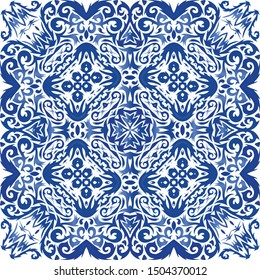 Portuguese vintage azulejo tiles. Graphic design. Vector seamless pattern concept. Blue antique background for pillows, print, wallpaper, web backdrop, towels, surface texture.
