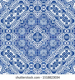 Portuguese vintage azulejo tiles. Graphic design. Vector seamless pattern concept. Blue antique background for pillows, print, wallpaper, web backdrop, towels, surface texture.