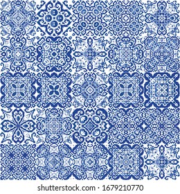 Portuguese vintage azulejo tiles. Graphic design. Kit of vector seamless patterns. Blue antique backgrounds for pillows, print, wallpaper, web backdrop, towels, surface texture.