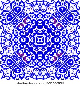 Portuguese vintage azulejo tiles. Hand drawn design. Vector seamless pattern flyer. Blue antique background for pillows, print, wallpaper, web backdrop, towels, surface texture.