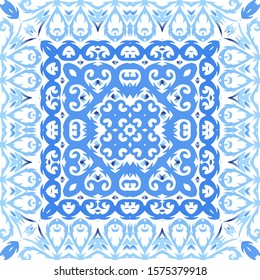 Portuguese vintage azulejo tiles. Hand drawn design. Vector seamless pattern flyer. Blue antique background for pillows, print, wallpaper, web backdrop, towels, surface texture.