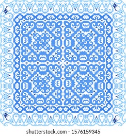 Portuguese vintage azulejo tiles. Hand drawn design. Vector seamless pattern flyer. Blue antique background for pillows, print, wallpaper, web backdrop, towels, surface texture.