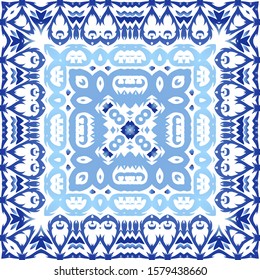 Portuguese vintage azulejo tiles. Hand drawn design. Vector seamless pattern flyer. Blue antique background for pillows, print, wallpaper, web backdrop, towels, surface texture.
