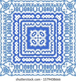 Portuguese vintage azulejo tiles. Hand drawn design. Vector seamless pattern flyer. Blue antique background for pillows, print, wallpaper, web backdrop, towels, surface texture.