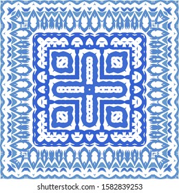 Portuguese vintage azulejo tiles. Hand drawn design. Vector seamless pattern flyer. Blue antique background for pillows, print, wallpaper, web backdrop, towels, surface texture.