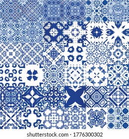 Portuguese vintage azulejo tiles. Hand drawn design. Kit of vector seamless patterns. Blue antique backgrounds for pillows, print, wallpaper, web backdrop, towels, surface texture.