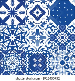 Portuguese vintage azulejo tiles. Hand drawn design. Collection of vector seamless patterns. Blue antique backgrounds for pillows, print, wallpaper, web backdrop, towels, surface texture.