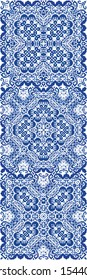 Portuguese vintage azulejo tiles. Kit of vector seamless patterns. Creative design. Blue antique backgrounds for pillows, print, wallpaper, web backdrop, towels, surface texture.