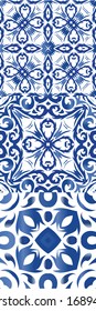 Portuguese vintage azulejo tiles. Kit of vector seamless patterns. Kitchen design. Blue antique backgrounds for pillows, print, wallpaper, web backdrop, towels, surface texture.