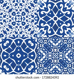 Portuguese vintage azulejo tiles. Kit of vector seamless patterns. Geometric design. Blue antique backgrounds for pillows, print, wallpaper, web backdrop, towels, surface texture.