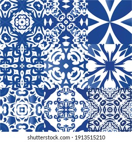 Portuguese vintage azulejo tiles. Kit of vector seamless patterns. Colored design. Blue antique backgrounds for pillows, print, wallpaper, web backdrop, towels, surface texture.