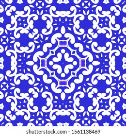 Portuguese vintage azulejo tiles. Kitchen design. Vector seamless pattern elements. Blue antique background for pillows, print, wallpaper, web backdrop, towels, surface texture.