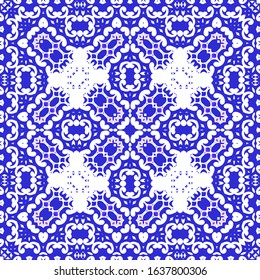 Portuguese vintage azulejo tiles. Kitchen design. Vector seamless pattern elements. Blue antique background for pillows, print, wallpaper, web backdrop, towels, surface texture.