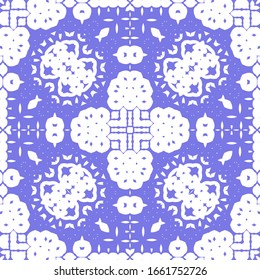 Portuguese vintage azulejo tiles. Kitchen design. Vector seamless pattern elements. Blue antique background for pillows, print, wallpaper, web backdrop, towels, surface texture.