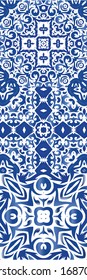 Portuguese vintage azulejo tiles. Kitchen design. Set of vector seamless patterns. Blue antique backgrounds for pillows, print, wallpaper, web backdrop, towels, surface texture.