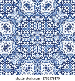 Portuguese vintage azulejo tiles. Kitchen design. Vector seamless pattern concept. Blue antique background for pillows, print, wallpaper, web backdrop, towels, surface texture.