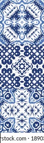 Portuguese vintage azulejo tiles. Kitchen design. Kit of vector seamless patterns. Blue antique backgrounds for pillows, print, wallpaper, web backdrop, towels, surface texture.