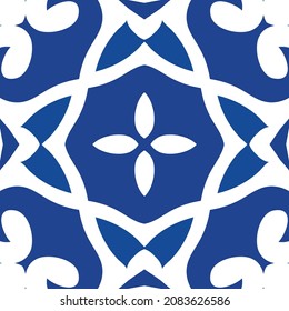 Portuguese vintage azulejo tiles. Kitchen design. Vector seamless pattern collage. Blue antique background for pillows, print, wallpaper, web backdrop, towels, surface texture.