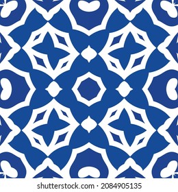 Portuguese vintage azulejo tiles. Kitchen design. Vector seamless pattern collage. Blue antique background for pillows, print, wallpaper, web backdrop, towels, surface texture.