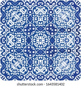 Portuguese vintage azulejo tiles. Minimal design. Vector seamless pattern frame. Blue antique background for pillows, print, wallpaper, web backdrop, towels, surface texture.