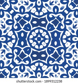 Portuguese vintage azulejo tiles. Minimal design. Vector seamless pattern template. Blue antique background for pillows, print, wallpaper, web backdrop, towels, surface texture.